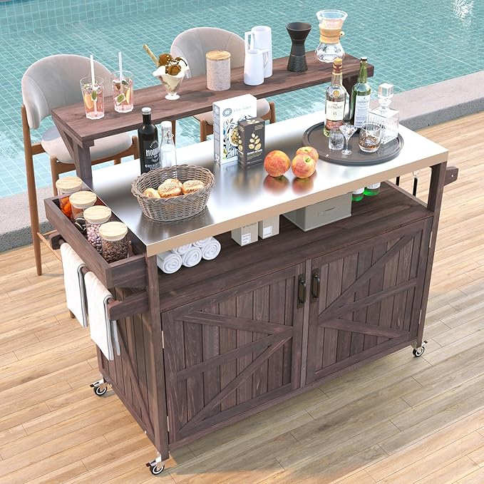 Outdoor Kitchen Island with Raised Shelf,Solid Wood Storage Cabinet with Stainless Steel Top,Outdoor Rolling Grill Cart with Internal Storage Rack, Adjustable Shelf,Spice Rack (Brown#028)