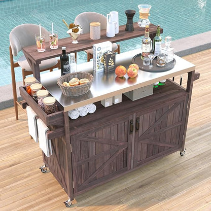 Outdoor Kitchen Island with Raised Shelf,Solid Wood Storage Cabinet with Stainless Steel Top,Outdoor Rolling Grill Cart with Internal Storage Rack, Adjustable Shelf,Spice Rack (Brown#028)