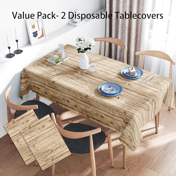Wood Grain Plastic Tablecloths, 2PCS Wood Grain Tablecover Wood Print Tablecloth Brown Vintage Party Table Covers for Kitchen Dining Room, Barbecue Party Decorations, 54 x 87 Inches