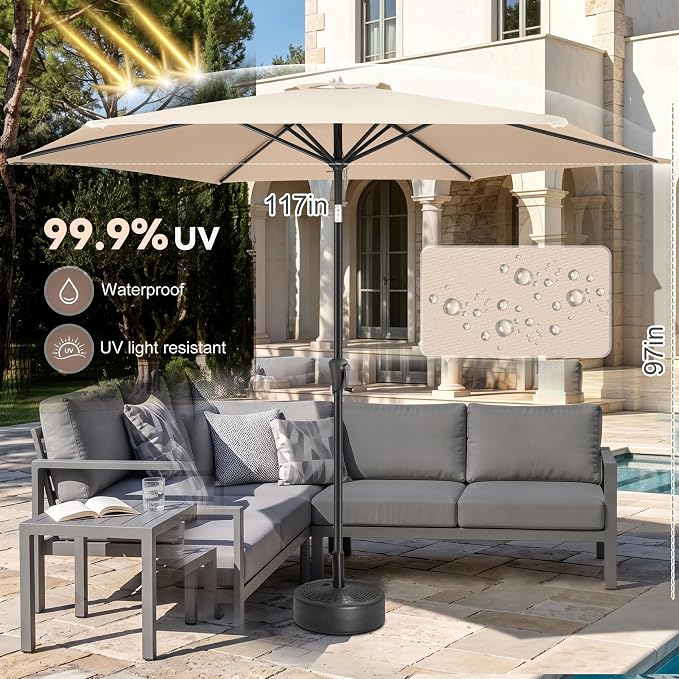 10 ft Patio Umbrella Outdoor with Push Button Tilt, Beige | UV Protection, Waterproof, Large Porch Deck Umbrella for Pool, Table, Garden, Backyard, Provides Shade