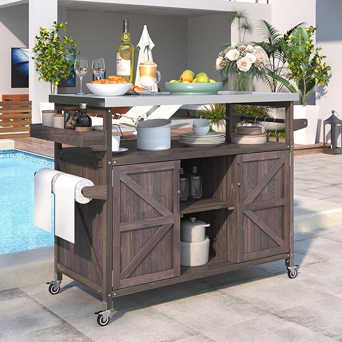 Ball & Cast Outdoor Kitchen Island,Rolling Bar Cart & Storage Cabinet,Farmhouse Solid Wood Outdoor Grill Table with Stainless Steel Top,Spice and Towel Rack,for Kitchen,Barbecue,Dark Brown,50.25"