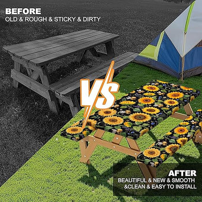Sunflower Bee Picnic Table Cover with Bench Covers and Bag | Camping Essentials, Waterproof Windproof Camping Tablecloth with Elastic Edges, Fitted Rectangle Tables and Seats, 30x96 Inch