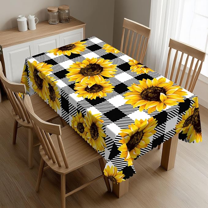 Sunflower Checkered Rectangular Tablecloth, Golden Sunflowers Table Cloth Washable Tablecloths Decorative Table Cover for Kitchen, Dining, or Parties 54x72 Inches
