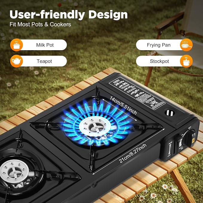 2-Burner Butane Stove, Portable Camping Stove, Automatic Ignition, Outdoor Travel Camp Stove with Carry Case & Push-Button for Camping Tailgating and Outdoor Cooking