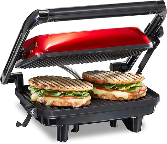 Hamilton Beach Panini Press Sandwich Maker & Electric Indoor Grill with Locking Lid, Opens Wide to Fit Any Thickness for Quesadillas, Burgers & More, Nonstick 8" x 10" Grids, Red (25462Z)