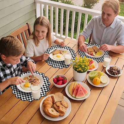 100Pcs Checkered Paper Placemats Black Gingham Place Mats 13.5 Inch Disposable Round Decorative Dining Table Mat with Scalloped Edge Paper Cutouts Decor for Picnic BBQ Table Party Supplies