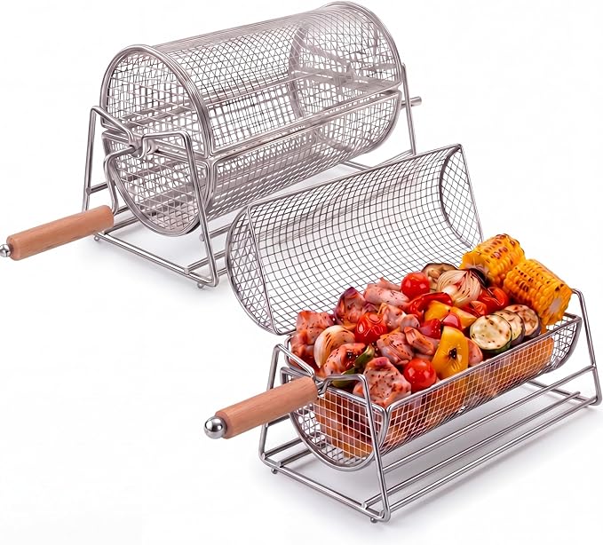Gisafai Gifts for Dad Husband 2 Set Rolling Grill Baskets, 304 Stainless Steel, Removable Wooden Handle, Nesting Grilling Net BBQ Accessories Tools for Outdoor Camping Gifts