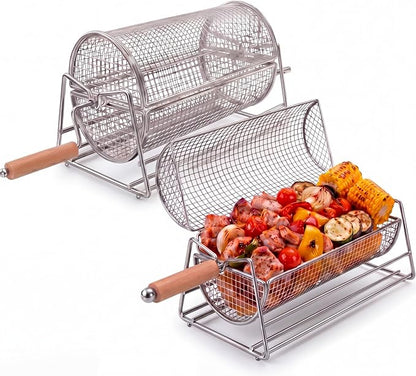 Gisafai Gifts for Dad Husband 2 Set Rolling Grill Baskets, 304 Stainless Steel, Removable Wooden Handle, Nesting Grilling Net BBQ Accessories Tools for Outdoor Camping Gifts