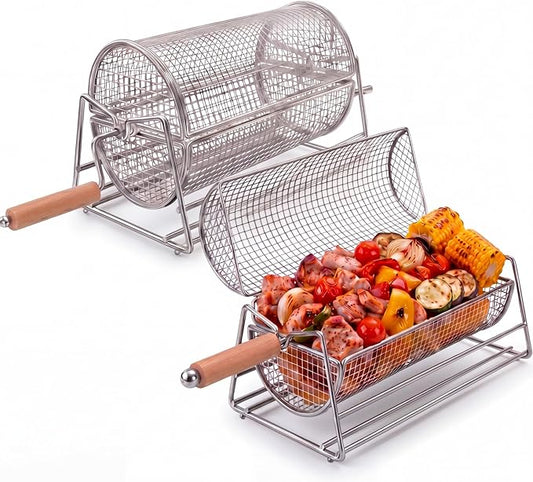 Gisafai Gifts for Dad Husband 2 Set Rolling Grill Baskets, 304 Stainless Steel, Removable Wooden Handle, Nesting Grilling Net BBQ Accessories Tools for Outdoor Camping Gifts