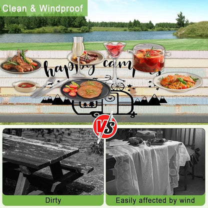 JAWO Picnic Table Cover with Bench Covers 3 Piece Set, Vintage Wooden Camper Pine Tree Camping Elastic Fitted Picnic Tablecloth Outdoor Camping Patio Picnic Table, 30X60 inch