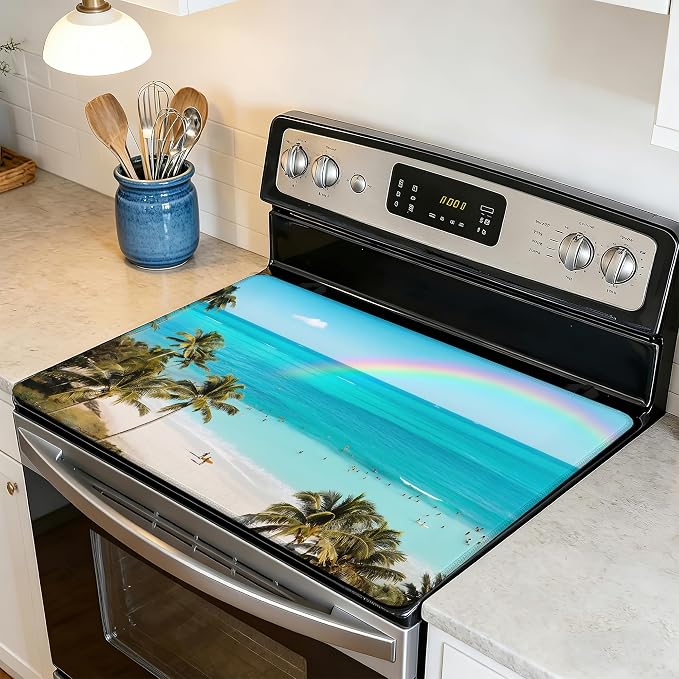 Tropical Palm Tree Stove Top Covers for Electric Stove,Summer Beach Glass Top Stove Cover, Heat Resistant Range Covers for Electric Stove,Washable Countertop Mat, 28 x 20 Inch