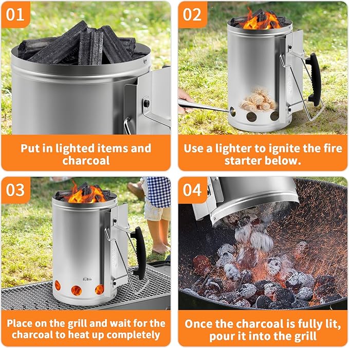 Charcoal Chimney Starter with Firelighters, XL 7.5X12 Chimney Starter, Tilted Handle Design for Safe Outdoor Grilling & Camping, Silver