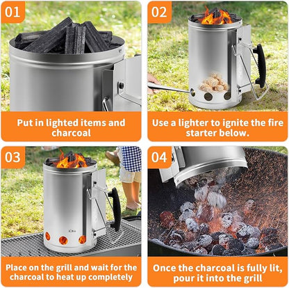 Charcoal Chimney Starter with Firelighters, XL 7.5X12 Chimney Starter, Tilted Handle Design for Safe Outdoor Grilling & Camping, Silver