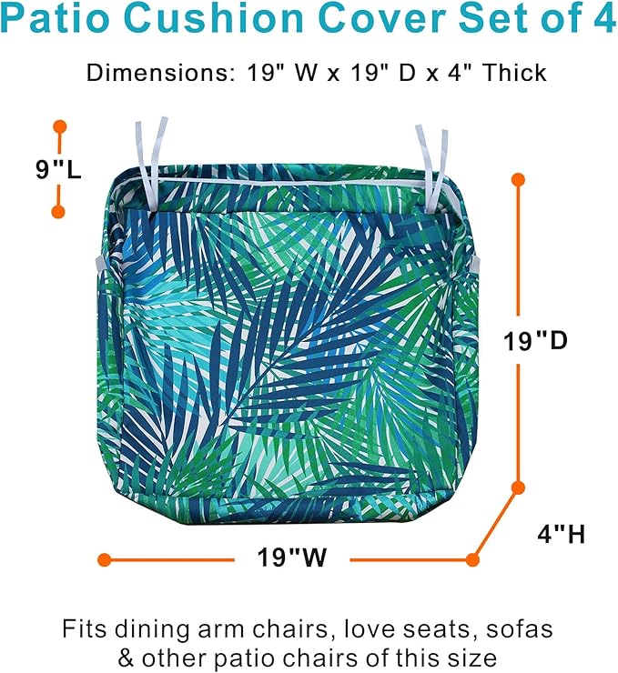 NettyPro Outdoor Cushion Slipcovers Waterproof Set 4, Patio Chair Seat Cushion Covers with Zipper and Tie, Replacement Cover Only, 19 x 19 x 4 Inch, Tropical Leaf