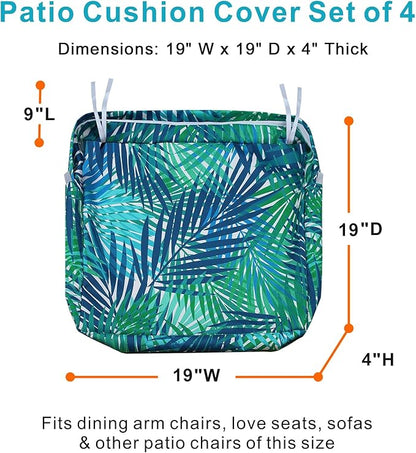 NettyPro Outdoor Cushion Slipcovers Waterproof Set 4, Patio Chair Seat Cushion Covers with Zipper and Tie, Replacement Cover Only, 19 x 19 x 4 Inch, Tropical Leaf