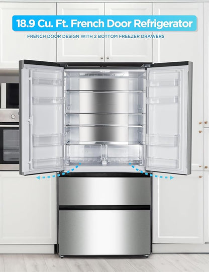 Commercial Cool 18.9 Cu. Ft. French Door Refrigerator, 33 Inch Wide Refrigerator with 2 Bottom Mount Freezer Drawers, Frost Free, LED Lighting, Digital Temperature Control, CCRF1890KS, Stainless Look | 33 Inch Wide Refrigerator with 2 Bottom Mount Free...