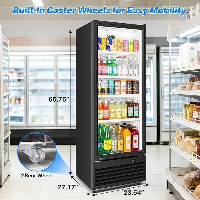 Commercial Beverage Refrigerator, 24.5" Glass Door Display Fridge, 15 Cu.Ft Freestanding Beverage Cooler with 4 Adjustable Shelves, Auto Rebound Door, Low Noise, for Shops, Restaurants & Bars, Black