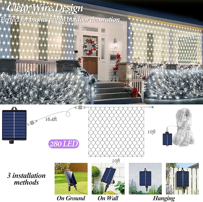 10ft x 10ft Solar Net Lights, 280LED Gazebo Mesh Lights Solar & USB Powered, Waterproof Netting Lights 8 Modes Clear Wire for Bushes Patio Garden Christmas Holiday Party Outdoor Decor (Cool White)
