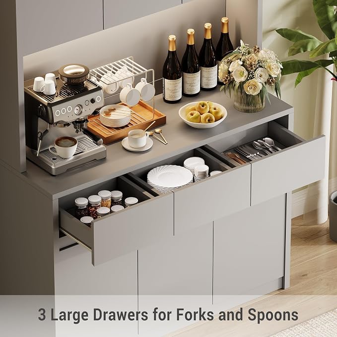 71" Kitchen Pantry Cabinet,Tall Storage Cabinet, Kitchen Storage Hutch | Shelves Adjustable,With Microwave Shelf,Coffee Bar,Led Lights&Charging Station,Corner Pantry Cabinet for Living Room