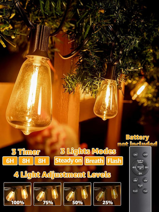 Outdoor String Lights Dimmable with Remote, 150 FT Outdoor Lights with 2 Timer and 3 Mode, Waterproof & Shatterproof Patio Lights, 2200K Energy Saving String Lights 4 Spare Bulbs for Patio Yard
