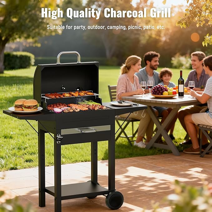 Charcoal Grills with Side Tables and Bottle Opener, 20'' Smoker Barbecue BBQ Grill with 2 Wheels for Backyard Patio Camping and Parties, Black