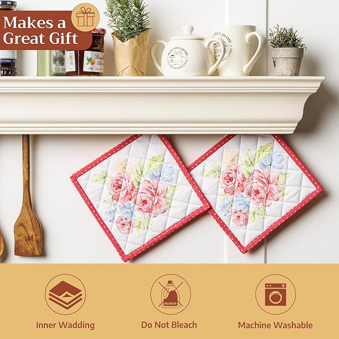 Maison d' Hermine Pot Holders 100% Cotton Heat Resistant Potholders 8" x 8" Hot Pads with Loop BBQ Cooking Baking Hotel Farmhouse Kitchen Handling Hot Pans Spring Summer (Pack of 2, Vintage Floral)