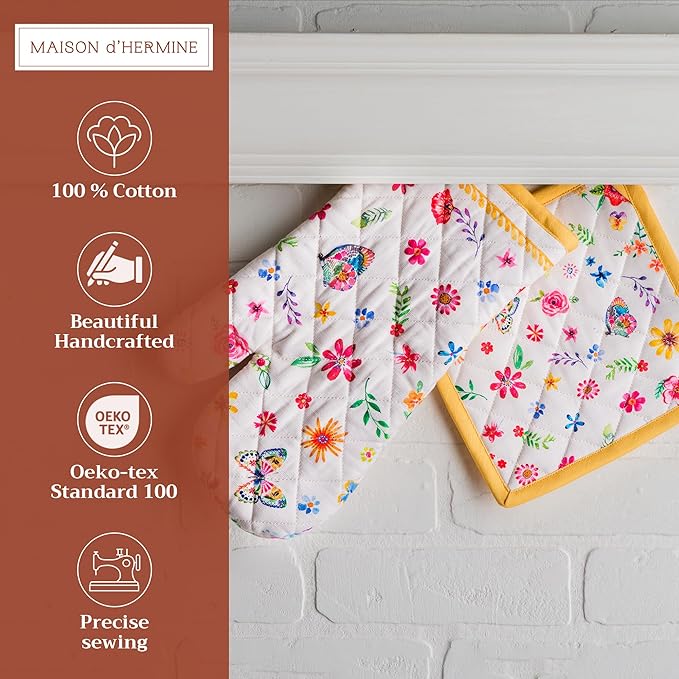 Maison d' Hermine 100% Cotton Oven Mitt & Pot Holder Set (7.5"x13" & 8"x8") Heat Resistant BBQ Cooking Gloves with Loop Baking Grilling Kitchen Home Farmhouse Spring Summer (Happy Florals - Sweety)