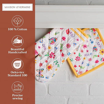 Maison d' Hermine 100% Cotton Oven Mitt & Pot Holder Set (7.5"x13" & 8"x8") Heat Resistant BBQ Cooking Gloves with Loop Baking Grilling Kitchen Home Farmhouse Spring Summer (Happy Florals - Sweety)