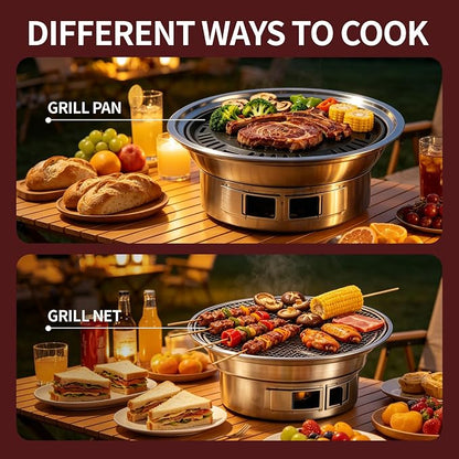 Mini Charcoal Grill 13.4" Stainless Portable BBQ Smoker Set for Camping | Compact for patio, park, travel, non-stick pan, mesh racks, cool-touch handle, tongs & coal clip set, lightweight travel