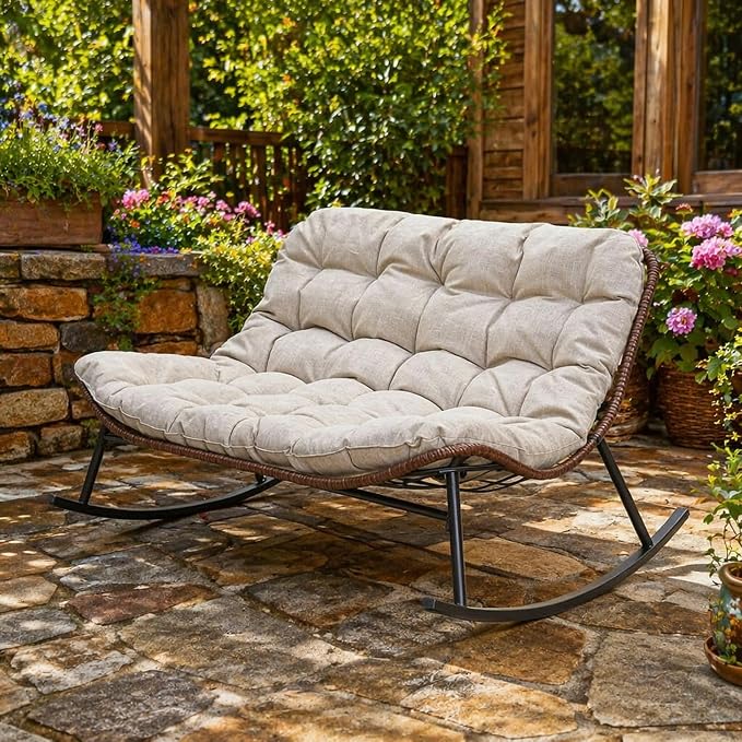 Rocking Papasan Chair, Double Wide Outdoor Lounge Chair, Beige | Double Wide Design with Plush Cushions, Sturdy Rattan Frame and Gentle Rocking Comfort for Patios, Gardens and Balconies