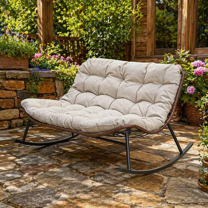 Rocking Papasan Chair, Double Wide Outdoor Lounge Chair, Beige | Double Wide Design with Plush Cushions, Sturdy Rattan Frame and Gentle Rocking Comfort for Patios, Gardens and Balconies