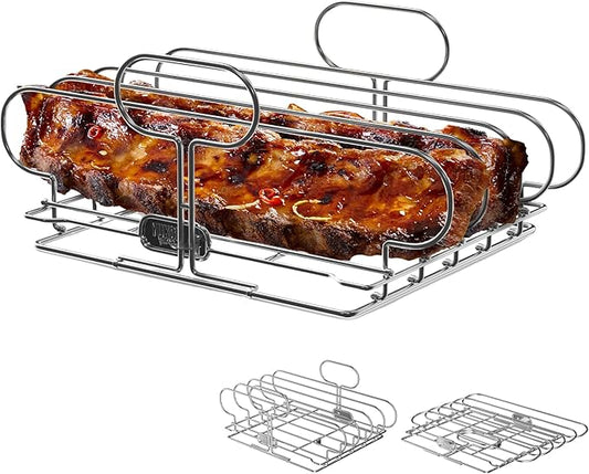 Yukon Glory Stainless Steel BBQ Rib Rack for Grill or Smoker, Upright Collapsible Rib Holder, Holds 4 Racks, Dishwasher Safe
