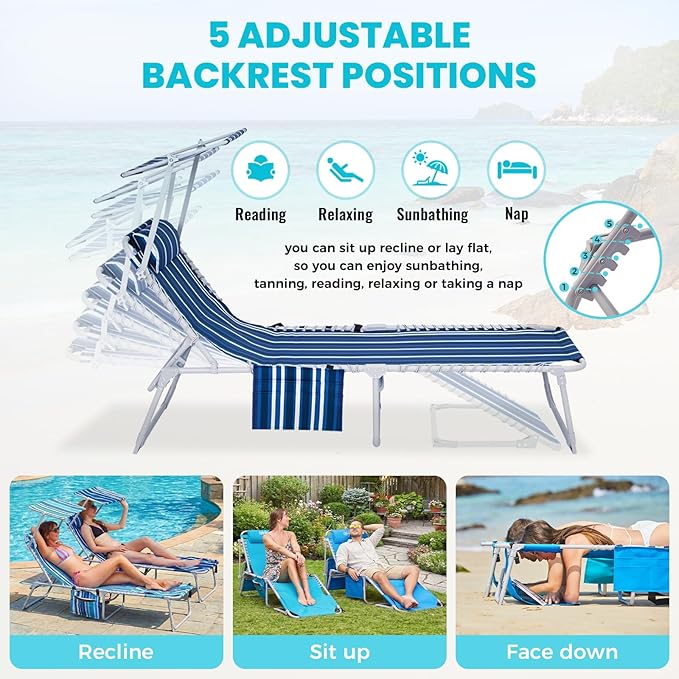 #WEJOY 3 in 1 Tanning Chair with Face Hole and Canopy, 5-Position Folding Face Down Lounge Chairs for Outside Beach Pool, 300lbs Heavy Duty Portable Sun Lounger with Pillow & Storage Bag (Blue White)
