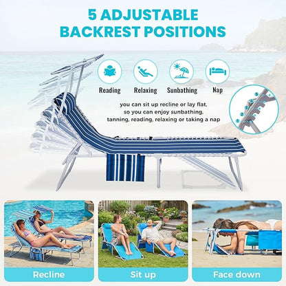 #WEJOY 3 in 1 Tanning Chair with Face Hole and Canopy, 5-Position Folding Face Down Lounge Chairs for Outside Beach Pool, 300lbs Heavy Duty Portable Sun Lounger with Pillow & Storage Bag (Blue White)