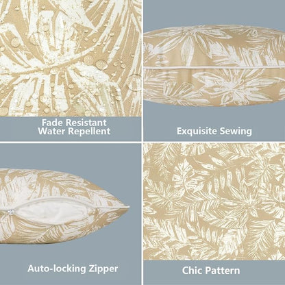 LVTXIII 2 Pack Outdoor Lumbar Pillow Covers 12x20 Inch with Piping, Water-Repellent Back Cushion Covers ONLY for Patio Furniture, Sofa, Garden Bench, Tropical Leaf Oat