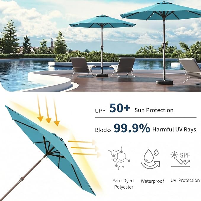 10FT Solar Umbrella 32 LED Lighted Patio Umbrella Table Market Umbrella w/Tilt and Crank, UV-Resistant Outdoor Umbrella for Pool, Garden, Deck, Sky Blue