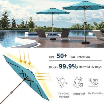 10FT Solar Umbrella 32 LED Lighted Patio Umbrella Table Market Umbrella w/Tilt and Crank, UV-Resistant Outdoor Umbrella for Pool, Garden, Deck, Sky Blue