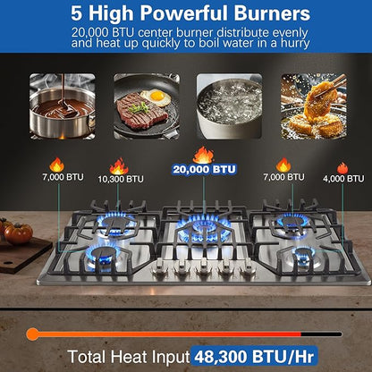 36 inch Gas Cooktop with Grill/Griddle, Gas Stove Top with 5 Italy Sabaf Sealed Burners, Max 48,300 BTU Built-in Propane Stove, 304 Stainless Steel Propane Cooktop, NG/LPG Convertible, CSA Certified