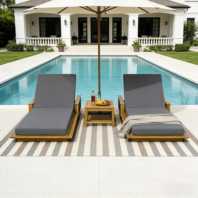 Merax Outdoor Chaise Lounge Set of 2, Acacia Wood Patio Reclining Chairs with 4-Position Adjustable Backrest, 2-Piece Sunbathing Recliner & 4" Thick Double-fold Cushion for Poolside, Garden, Dark Gray