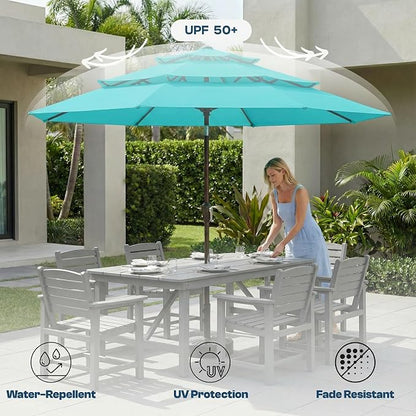 10ft Patio Umbrella, 3 Tier Outdoor Market Table Umbrellas with 8 Fiberglass Ribs and Push Button Tilt, Windproof, Vented Canopy, UV Protection for Deck, Pool, Backyard