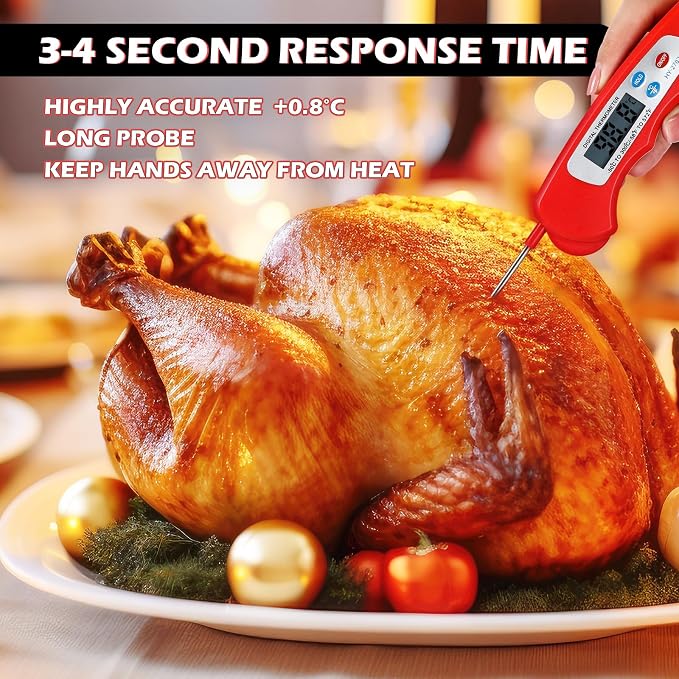 Xuhal 12 Pcs Digital Meat Thermometer with Probe Waterproof Instant Read Foldable Food Thermometer with Magnet for Kitchen Grilling Cooking Turkey Baking BBQ(Red)