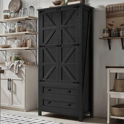 YITAHOME 64.5" Farmhouse Pantry Cabinet with 2 Drawers & Shelves, Oak Black | Tall Storage Cupboard for Living Room, Kitchen, and Hallway