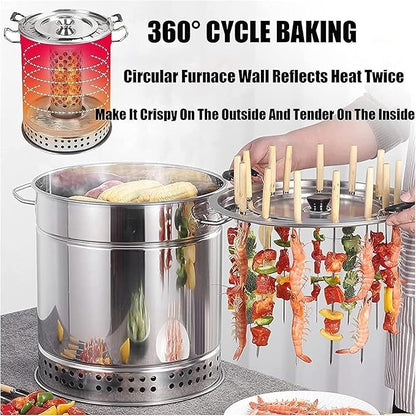 Charcoal Barrel BBQ Grill with Rolling Grilling Basket, Stainless Steel BBQ Grill Mesh Barrel with Kabob Skewers, for Camping and Barbecue(28-Skewer Oven)