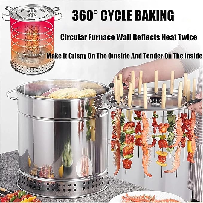 Charcoal Barrel BBQ Grill with Rolling Grilling Basket, Stainless Steel BBQ Grill Mesh Barrel with Kabob Skewers, for Camping and Barbecue(20-Skewer Oven)