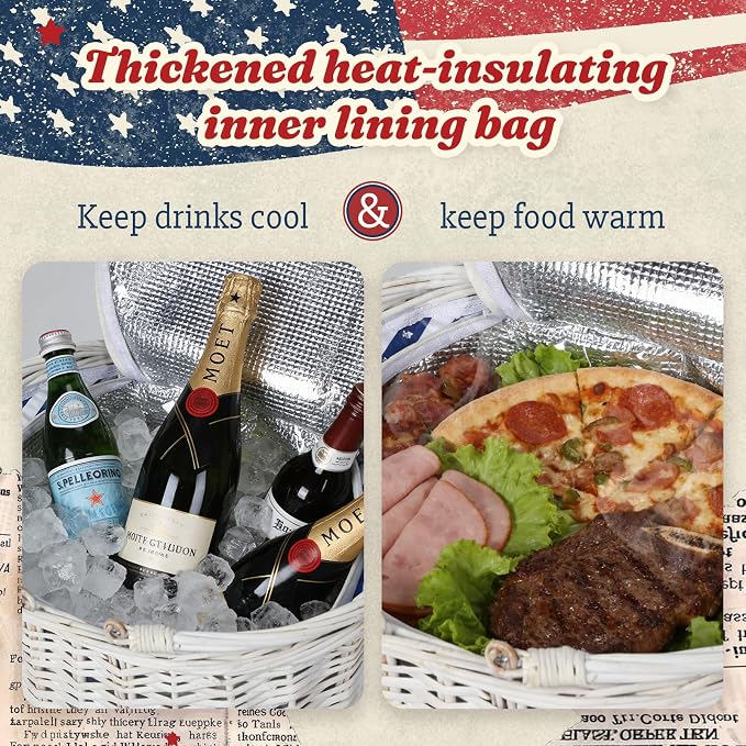 Wicker Picnic Basket 15"x11"x7" Insulated Liner Blue White Stars | Insulated Zip Liner Helps Keep Drinks and Snacks Cool, Sturdy Woven Basket Suits Parks, Camping, Holidays and Gift Giving