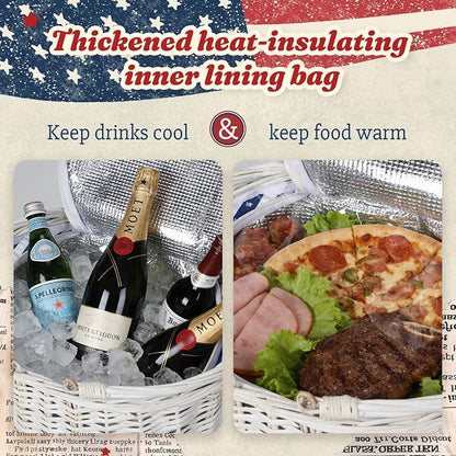Wicker Picnic Basket 15"x11"x7" Insulated Liner Blue White Stars | Insulated Zip Liner Helps Keep Drinks and Snacks Cool, Sturdy Woven Basket Suits Parks, Camping, Holidays and Gift Giving