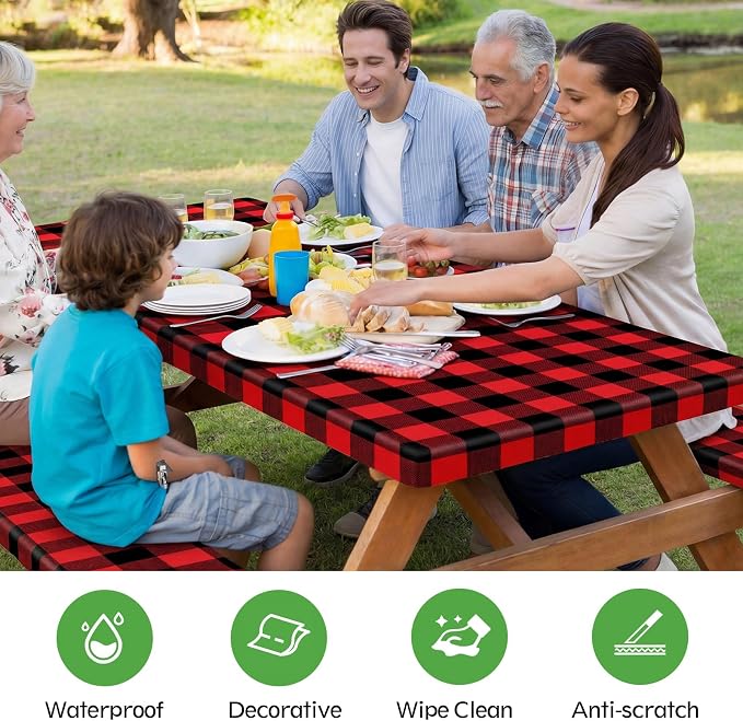 Picnic Table Cover with Bench Covers, Waterproof Tablecloth Set, Red Grid | Fitted 6ft Tables, for Outdoor Camping, RV, Includes 1 Table Cover(30"x72"), 2 Bench Covers(72"x12"), Drawstring Storage Bag