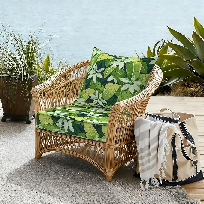 DYTXIII Outdoor Deep Seat Cushion Set, Water Repellent 22"x22" Patio Thick Cushions Replacement with Seat & Back Pillow for Patio Sofa, Wicker Chair, Couch - Jungle Leaves