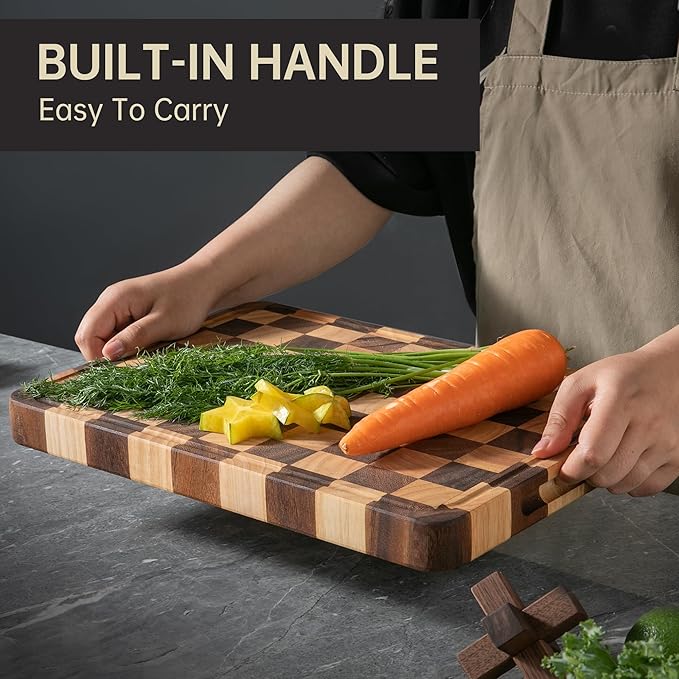 Checkered Cutting Boards for Kitchen, 1.4“ Thickened Wooden Chopping Board with Juice Grooves & Handles, Butcher Block for Meat, Vegetables and Fruits with Gift Box, 16" x 11"×1.4"