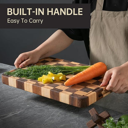 Checkered Cutting Boards for Kitchen, 1.4“ Thickened Wooden Chopping Board with Juice Grooves & Handles, Butcher Block for Meat, Vegetables and Fruits with Gift Box, 16" x 11"×1.4"